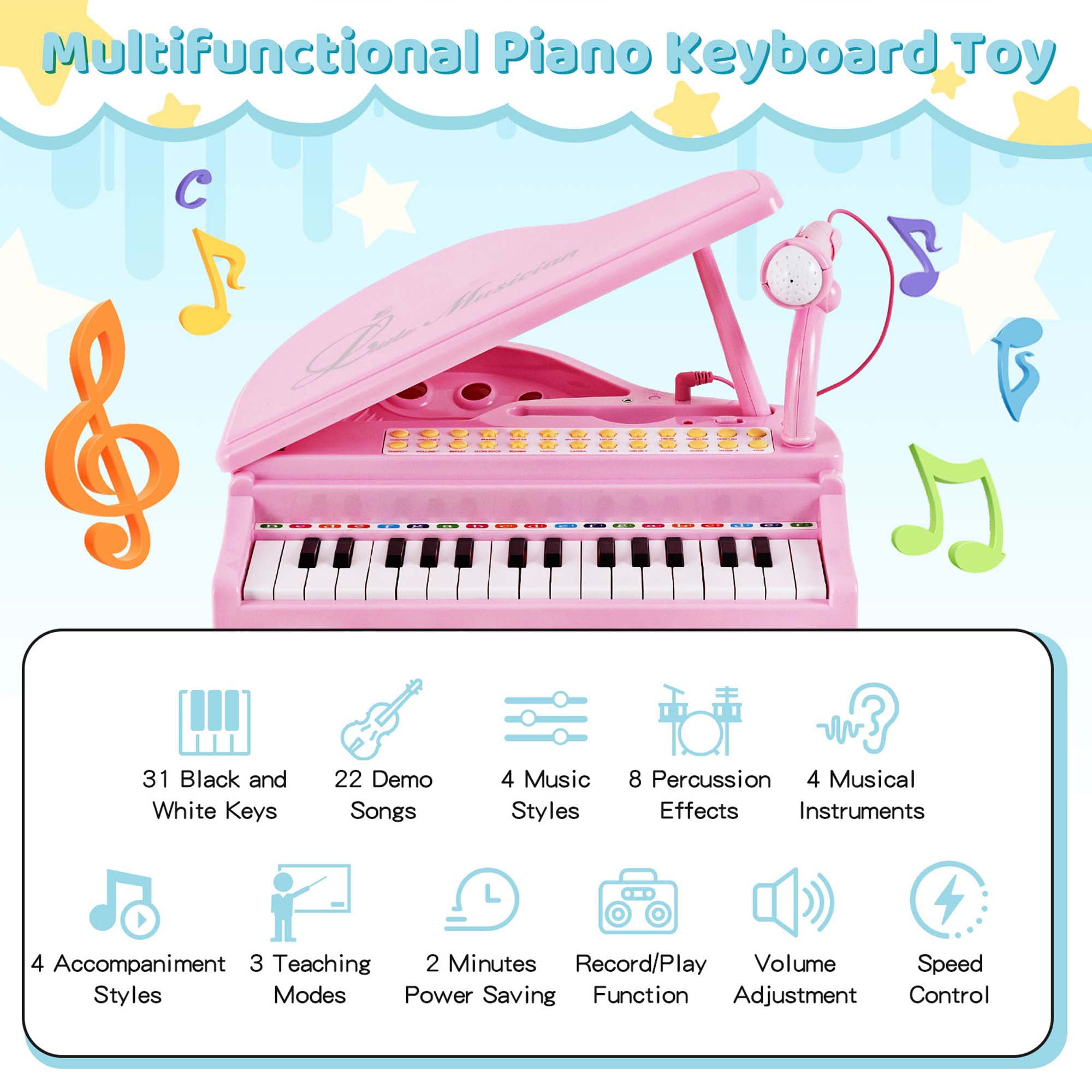 Costway 31 Keys Kids Piano Keyboard Toy Toddler Musical Instrument with Stool & Microphone Pink