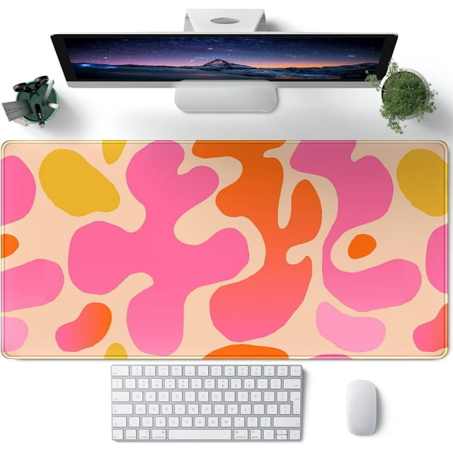 Pink Modern Abstract Desk Mat XXL Cute Pink Large Mouse Pad, Keyboard Mat, Desk Accessories for Women Office Decor, Extended Mousepad, NonSlip Rubber Base, Stitched Edges, 31.5x15.7 in