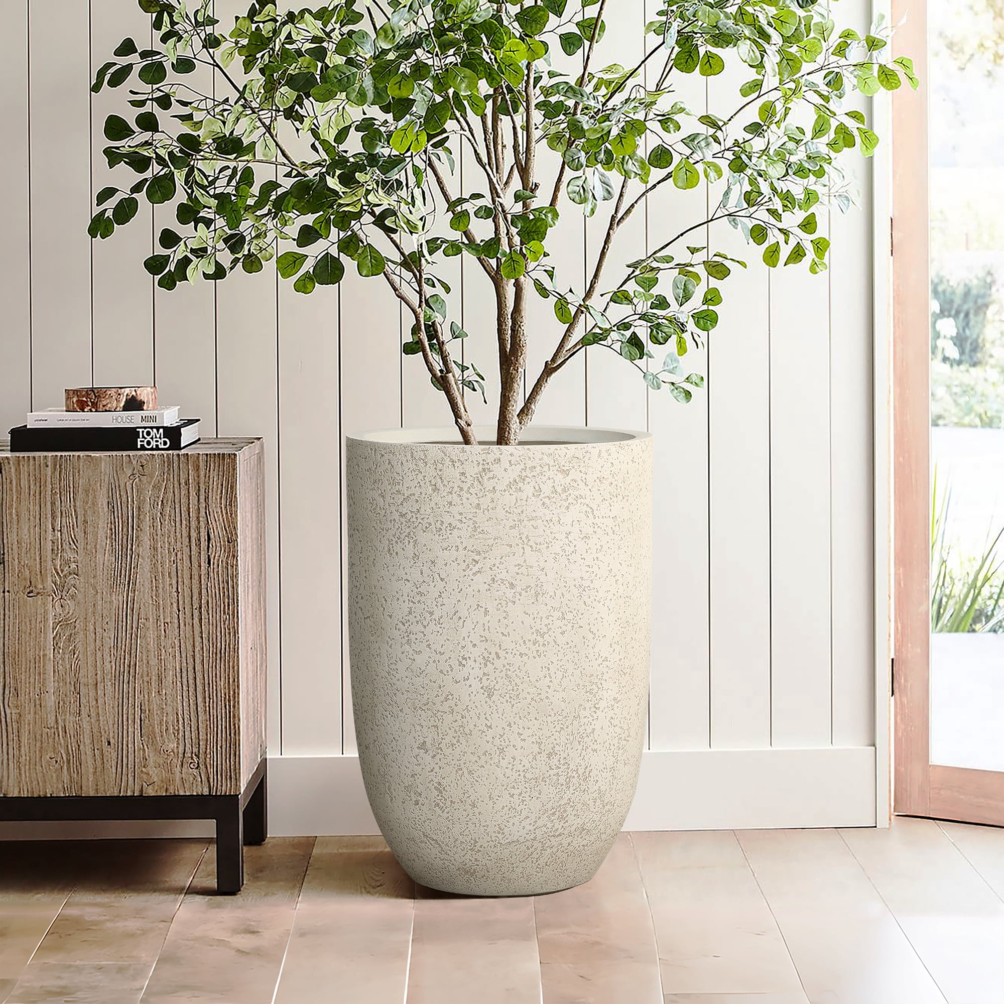 LuxenHome 23.5" Beige Tall Planter with Drainage Hole, Large Tapered Pot for Plants Indoor Outdoor Use