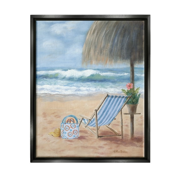 Stupell Beach Chair Tropical Relaxing Vacation Landscape Painting Black Floater Framed Art Print Wall Art