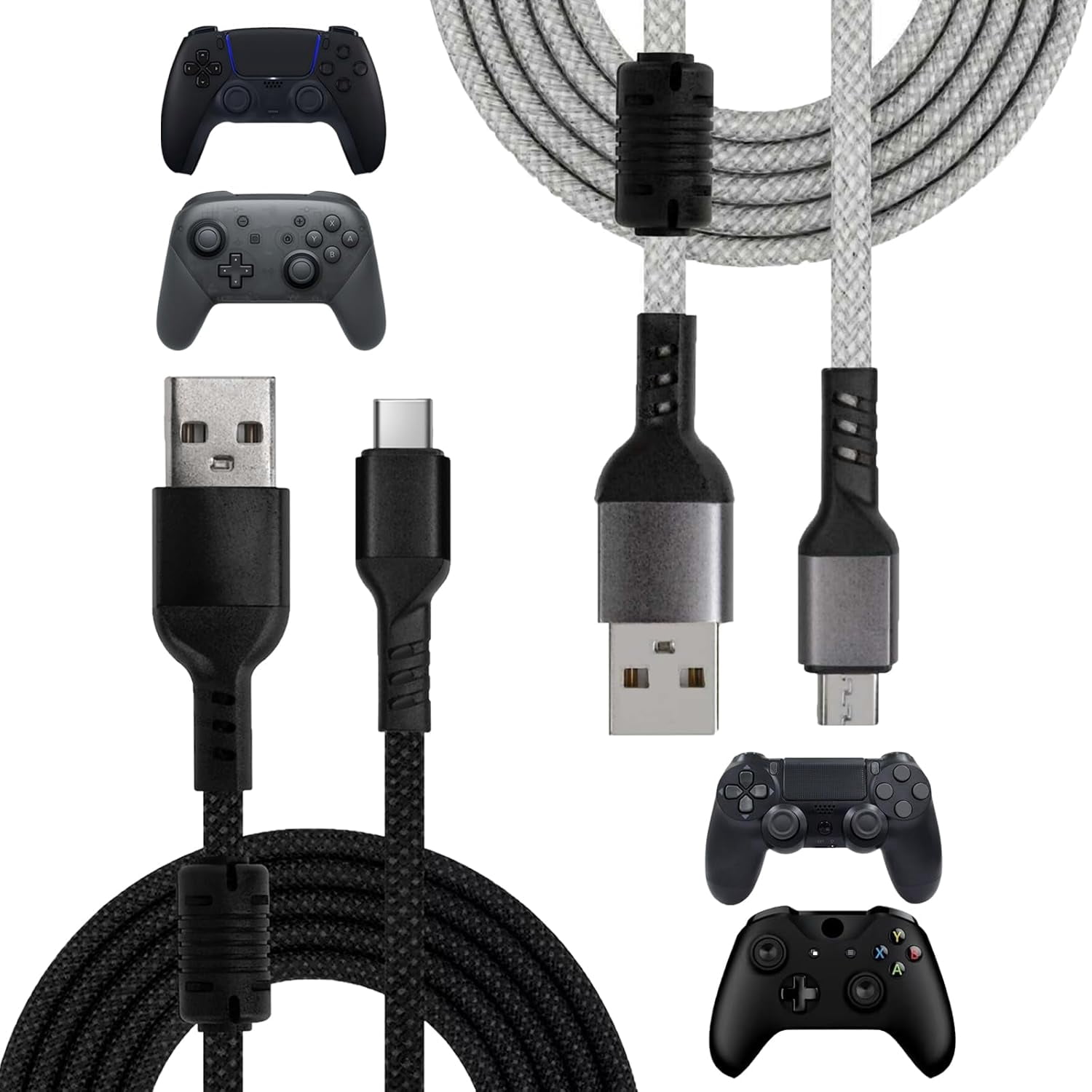 RGHJAR-USB Charging Cable Set, 3-Meter Micro USB and Type-C Cables, with Anti-Interference Rings, Supports Data Transfer and Fast Charging, 2-Pack