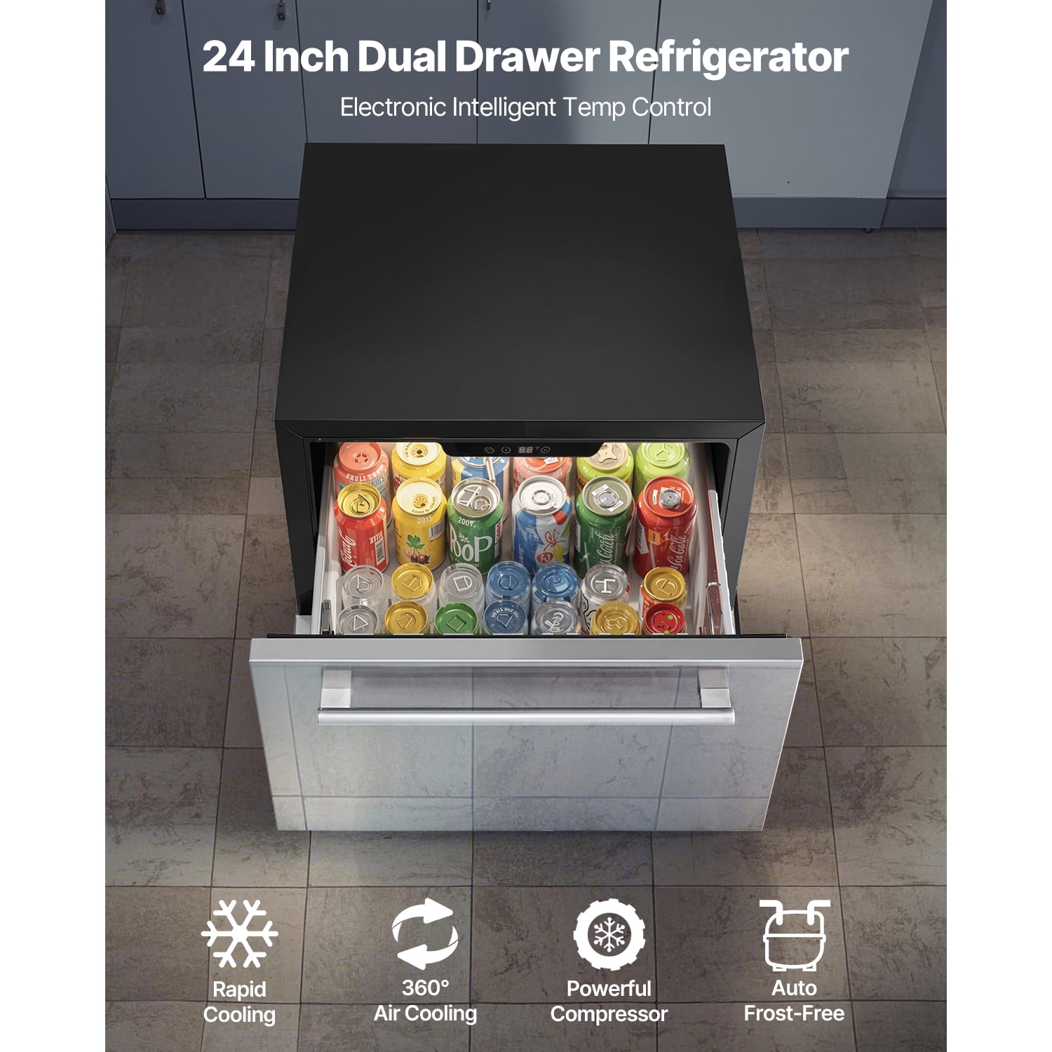 KFFKFF 24-Inch Under-Counter Drawer Refrigerator, Stainless Steel Dual Drawer Fridge with Adjustable Temperature, Outdoor Cooler with Efficient Compressor & LED Display, Suitable for Home, Office