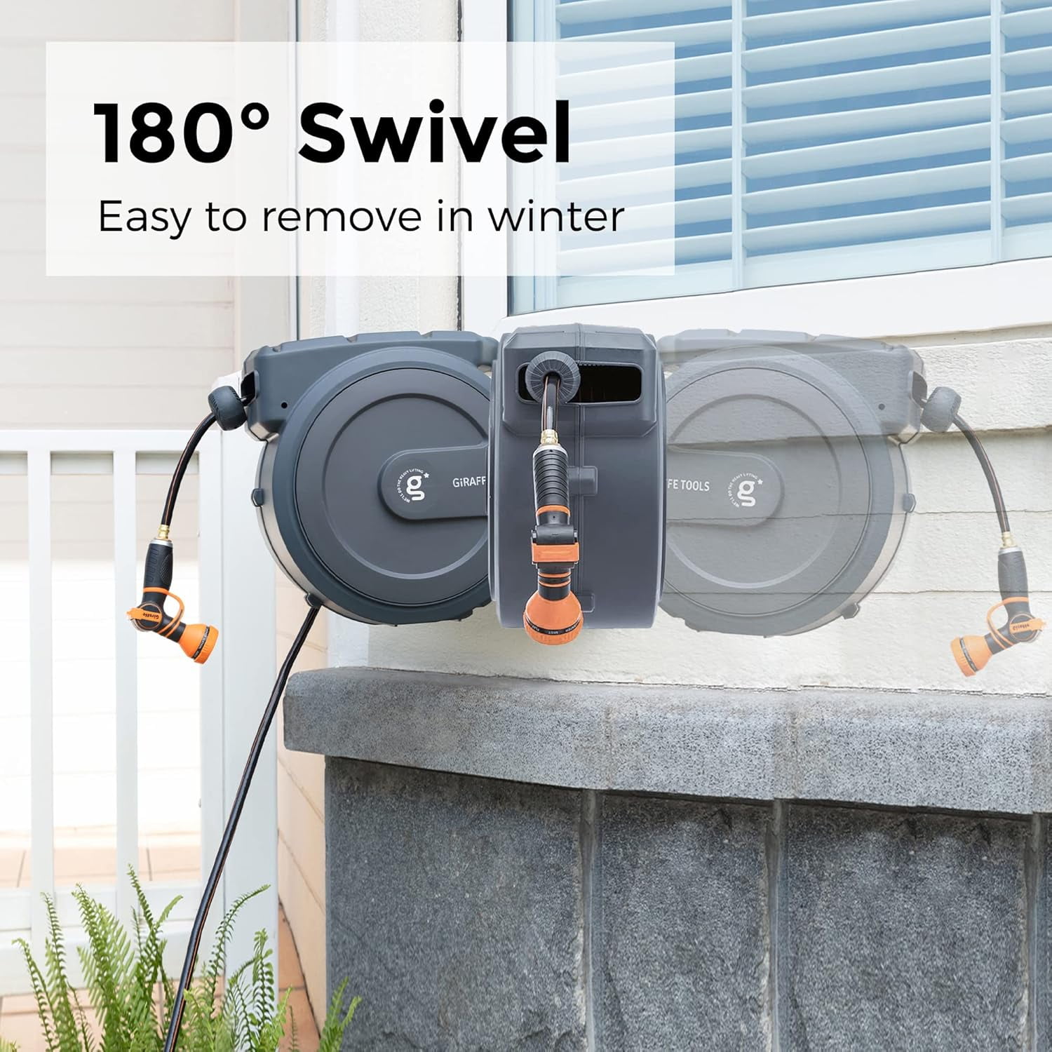 Giraffe Tools Garden Retractable Hose Reel-5/8in-90ft, Metal Bracket, Wall Mounted, Dark Grey