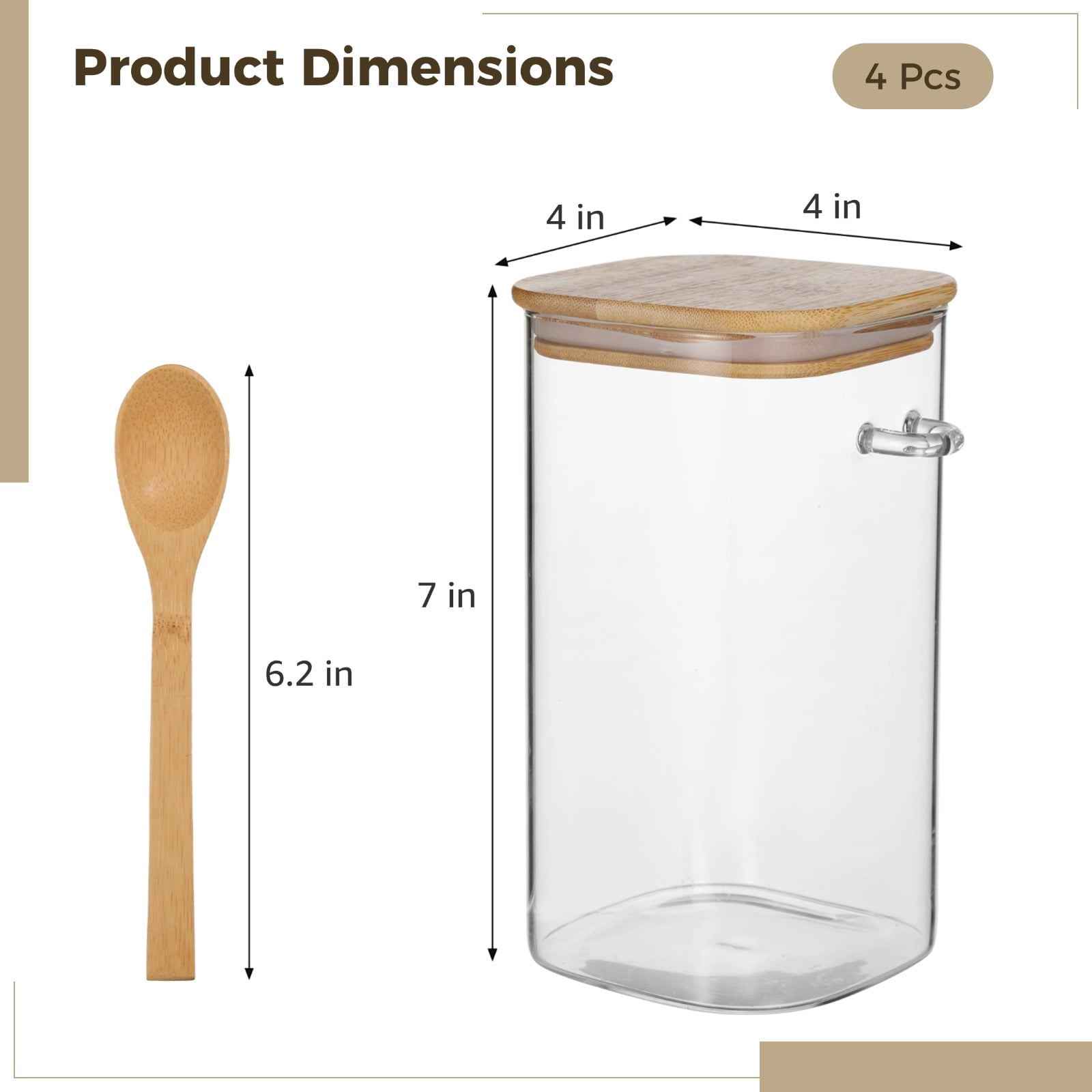 4 Pcs Glass Spice Jars Set with Wooden Lids Spoons, Square Food Storage Containers for Spices, Coffee Beans, Flour, Sugar, Airtight Seal, Easy to Clean and Refill