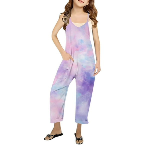 Barboteuses pour Filles Taille 14 18 Mois Vêtements Fille Barboteuse Filles Été Imprimé Col en V Sans Manches Barboteuse Coupe Ample Combinaison Décontractée avec Poches pour Ados et Juniors Légère et Confortable