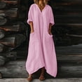 thumbnail image 2 of Vestido Casual de Mujer Suelto Cuello en V Manga de Tres Cuartos con Bolsillos Y Borde Irregular Vestido de Lino Mujeres, 2 of 8