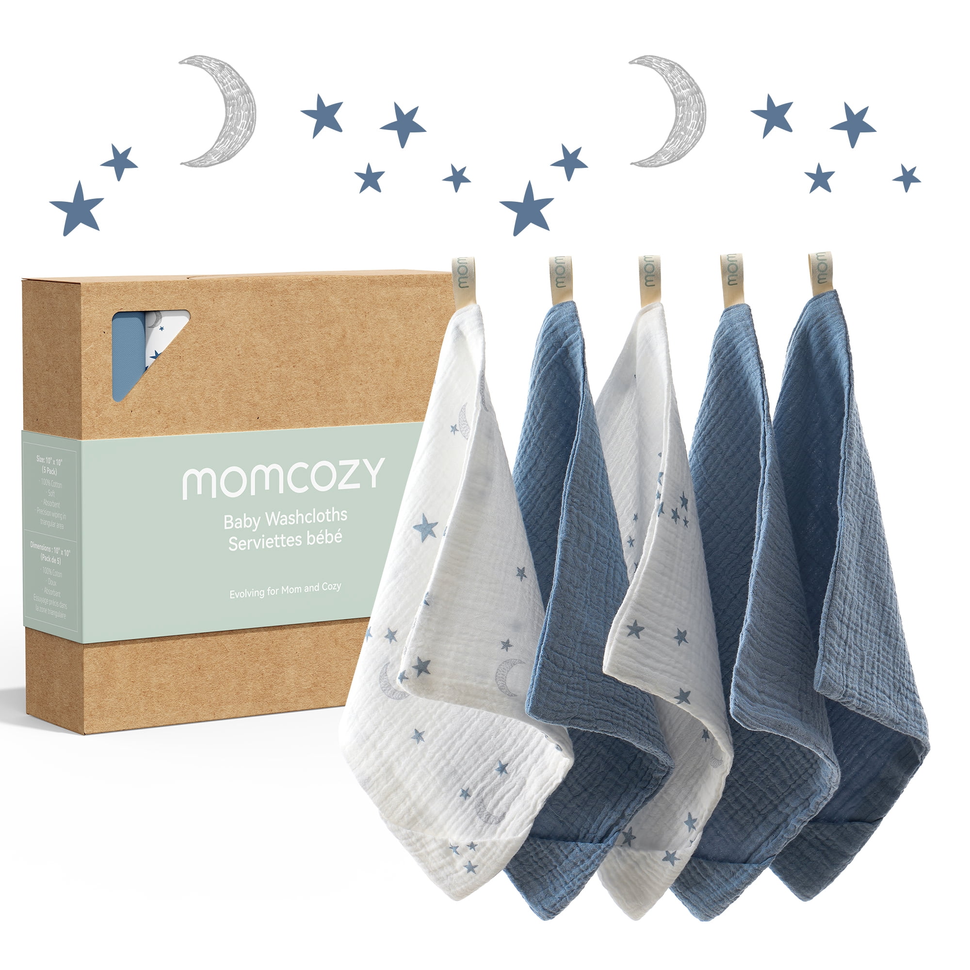 Momcozy Soft & Absorbent Baby Washcloths - 4 Layer Design| Medium Thickness| Premium Cotton for Newborns' Skin-Great for Bathing, Wiping & on-The-go Use, Shower Gift and Essential(5 Pack, 10x10 inch)