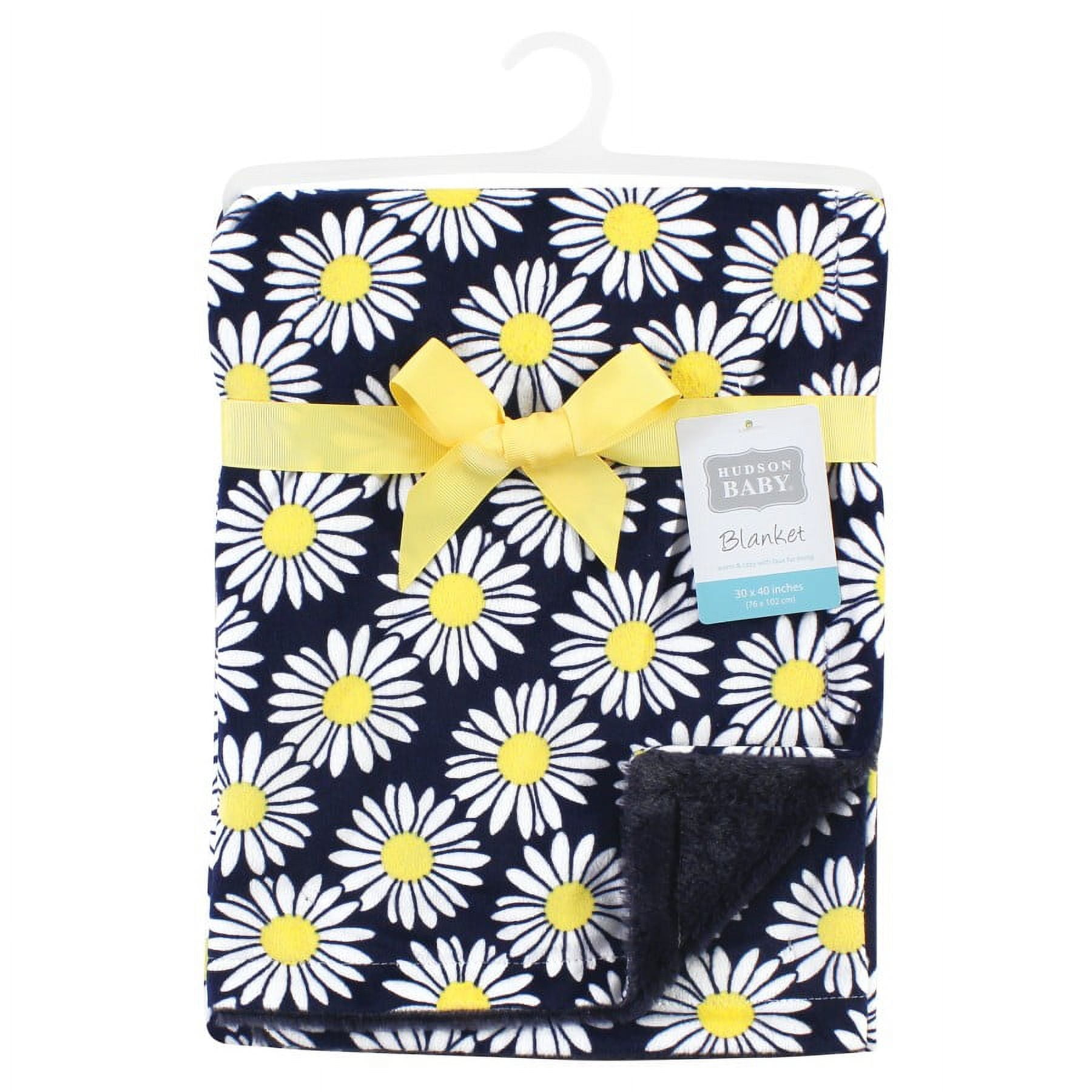 Hudson Baby Infant Girl Plush Blanket with Furry Binding and Back, Navy Daisy, One Size