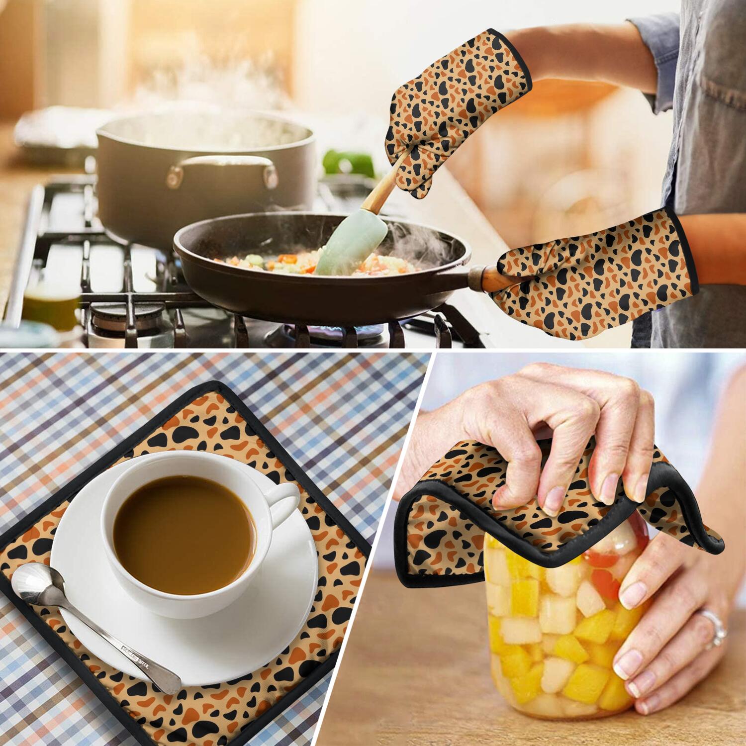 Leopard Print Oven Mitts and Pot Holders Set Of 4, Heat Resistant Kitchen Gloves with Non-Slip Grip, Hanging Loop, Soft Cotton Lining for Baking, Cooking, Grilling, Barbecue