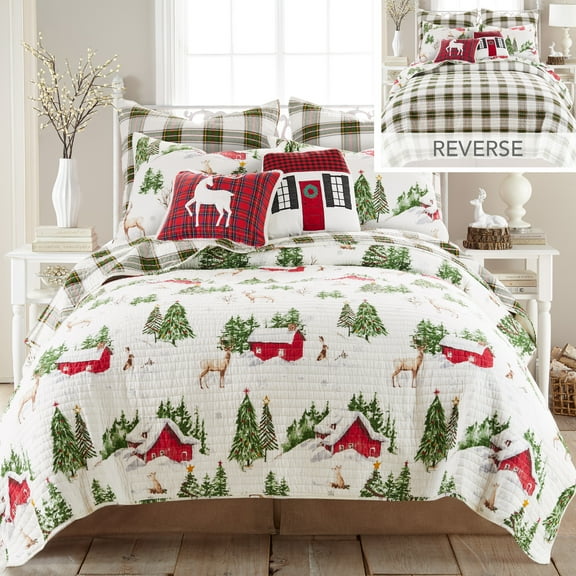 Levtex Home - Tatum Pines Quilt Set - Full/Queen Quilt and Two Standard Shams - Christmas Cabin - Red, Green, Brown and White - Quilt (88x92in.) and Shams (20x26in.) - Reversible - Cotton