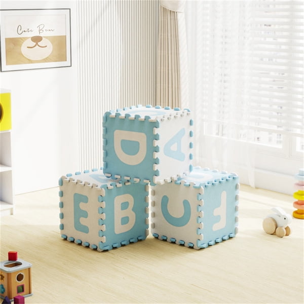 26PCS ABC Alphabet EVA Foam Play Mat, 31.75×31.75×1.02cm BPA-Free Non-Slip Floor Tiles for 10+ Months, Blue+White