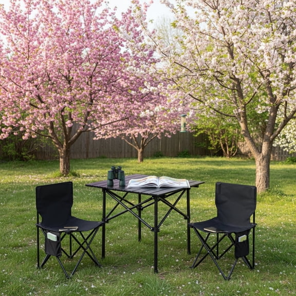 Black 3-piece Outdoor Folding Table and Chair Set – a bestseller in spring and summer. Suitable for multiple scenarios including terraces, courtyards, beaches, hiking and mountaineering.