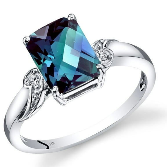 PEORA Created Alexandrite and Genuine Diamond Classic Ring for Women 14K White Gold, Color Changing 2.50 Carats Radiant Cut 9x7mm, Size 7
