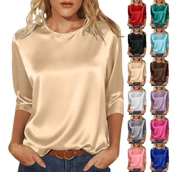 VBVC Women's Crew Neck 3/4 Sleeve Satin Blouse , Ladies' Glossy Silky Dressy Top , Elegant Office Casual Shirt For Women,Black,S-2XL
