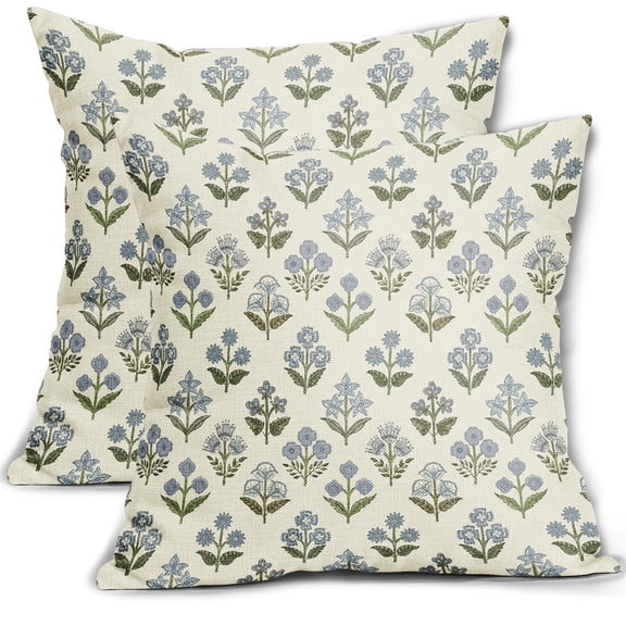 Block Print Pillow Covers 18x18 Inch Set of 2, Blue Green Vintage Floral Decorative Throw Pillow Cases, Boho Farmhouse Cushion Covers for Sofa, Couch, Bed, Chair, Living Room, Bedroom, Porch Decor