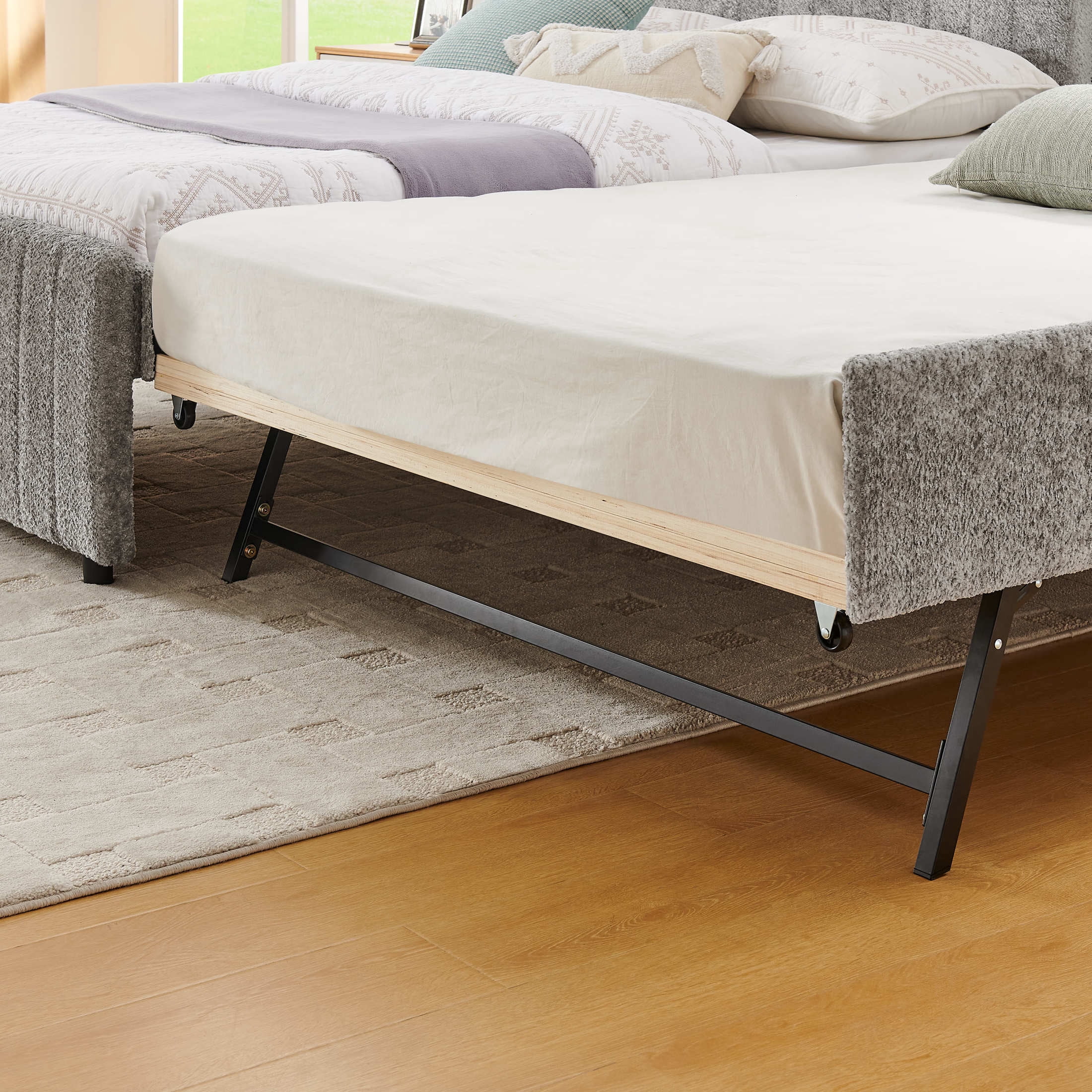 Noble House Fioren Full Size Chenille Upholstered Bed Frame, Space Saving Daybed with Hidden Trundle, Gray