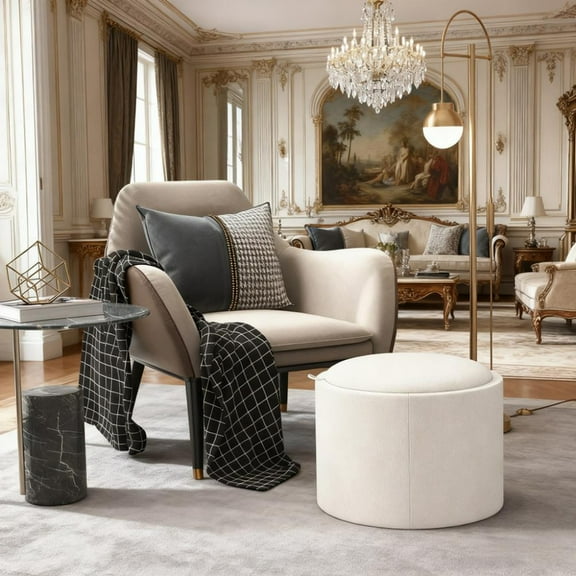 22" Linen Fabric Storage Ottoman with Flip-Top Tray and No Assembly Required