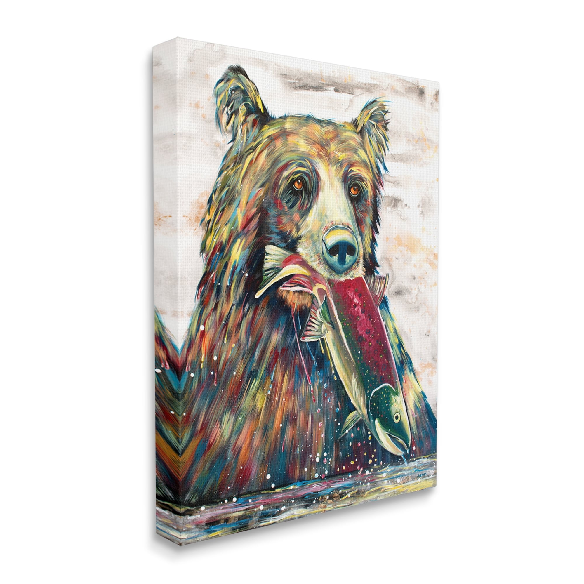 Stupell Bear & Fish Modern Wildlife Splash Animals & Insects Painting Gallery Wrapped Canvas Print Wall Art