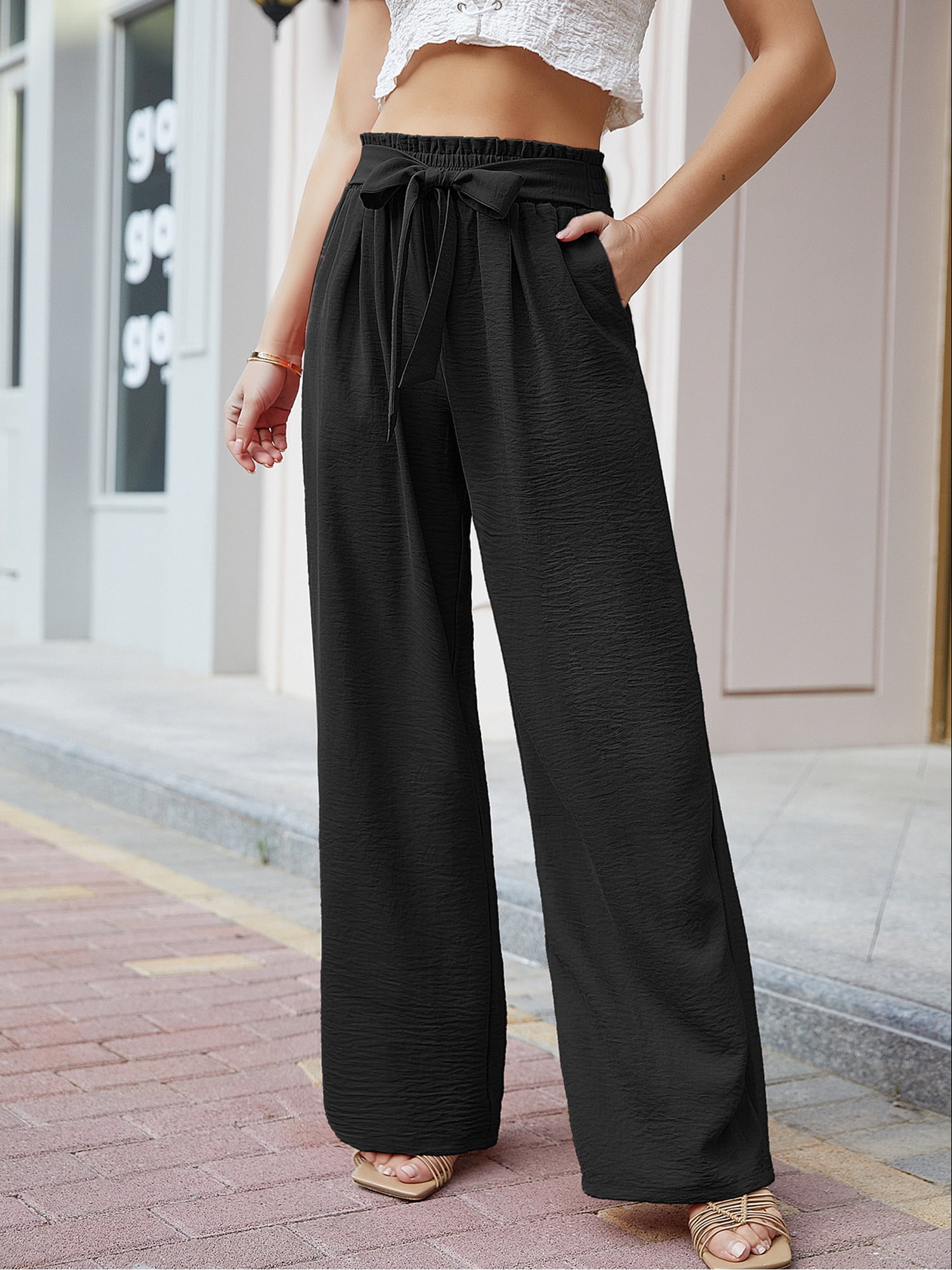 Chiclily Belted Wide Leg Pants for Women High Waisted Business Casual  Palazzo Pants Work Trousers Loose Flowy Summer Beach Lounge Pants with  Pockets, US Size Small in Black 