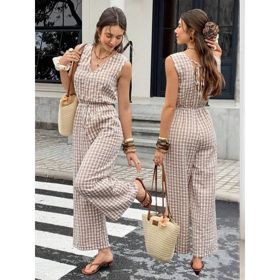 Women's Plaid Striped Sleeveless V-Neck Wide-Leg Jumpsuit,White Summer Boho Holiday Vacation Holiday Casual Elegant Party Wedding Graduation Formal