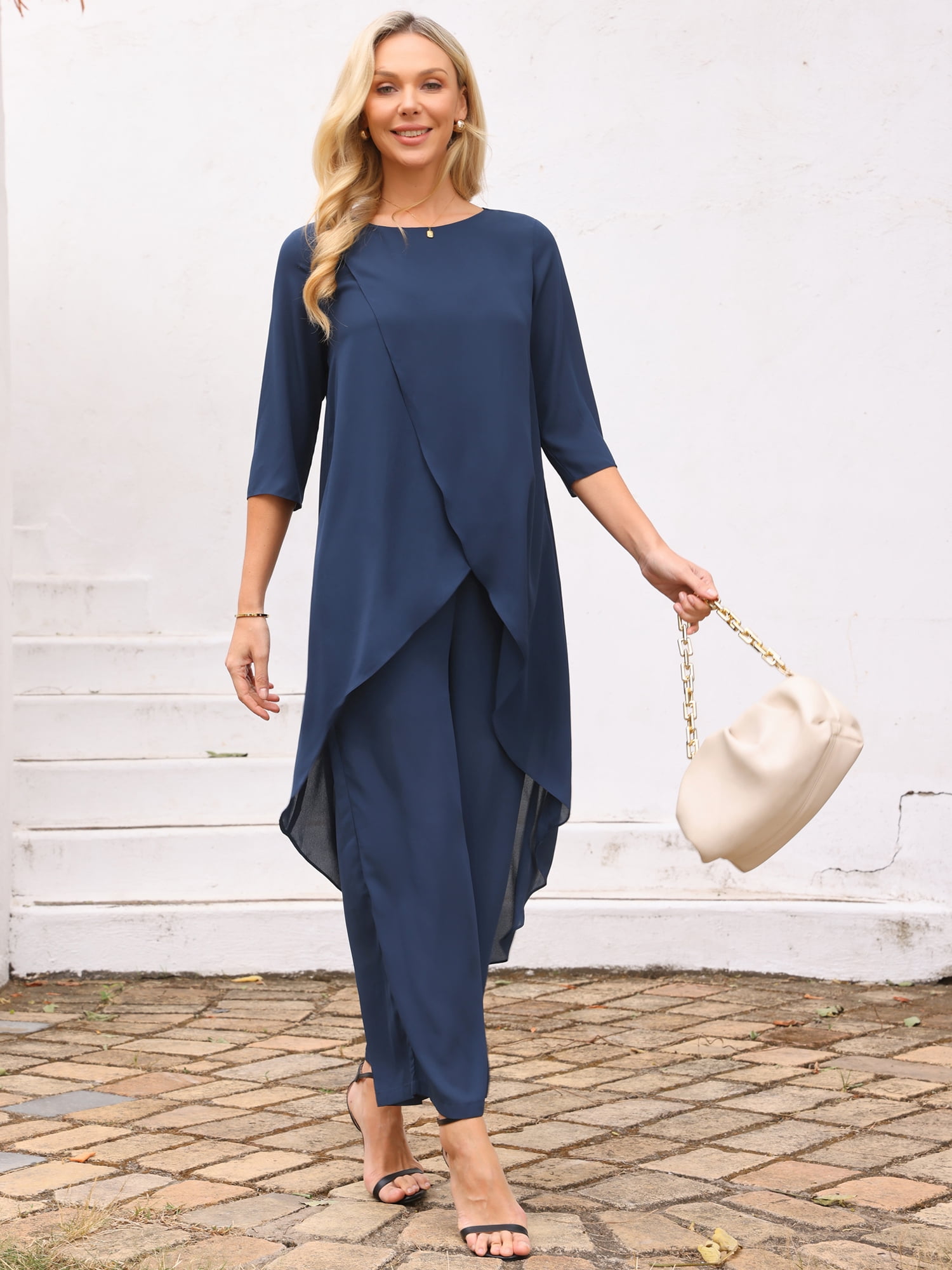DARING DIVA Women's 2 Piece Chiffon Sets Dressy Pantsuit High Low Top Outfit L Dark Blue