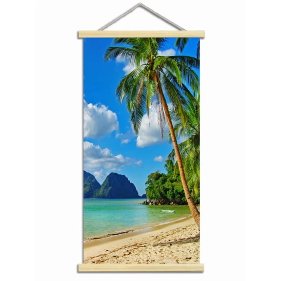 Beach Canvas Scroll Hanger Wall Art Pictures for Living Room Large Ocean Hanging Painting for Bedroom Blue Tropical Palm Tree Art Print Coastal Theme Artwork for Home Office Decoration