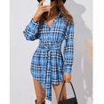 thumbnail image 4 of Vestido camisero con estampado a cuadros, cuello en V, cuello vuelto, manga larga, un solo pecho, cintura con lazo, vestido a cuadros de línea A para mujer, 4 of 8