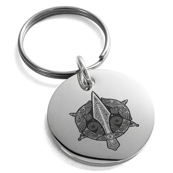Stainless Steel Gungnir Odin's Spear Viking Norse Engraved Small Medallion Circle Charm Keychain Keyring