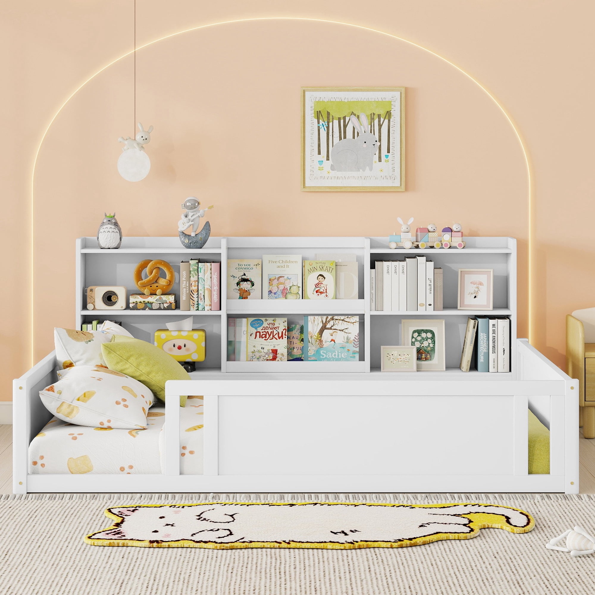Mintazer Full Size Montessori Floor Bed with Bookcase Headboard & Guardrails, Kids Platform Bed Frame with 6 Cubby Storage Shelves for Bedroom, White