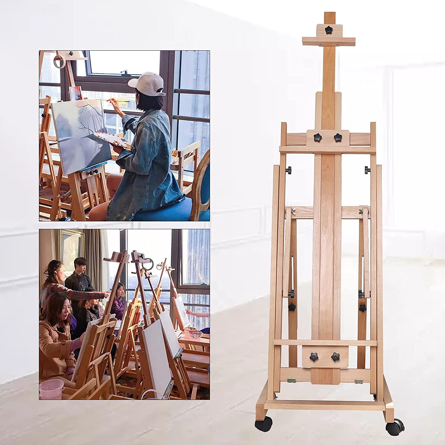 Miumaeov Deluxe Movable H-Frame Studio Easel, Extra Large and Thicken Solid Red Beech Wood Easel Moisture-Proof and Sun-Proof, Height Adjustable Durable Vertical and Horizontal Folding Sketch Easel