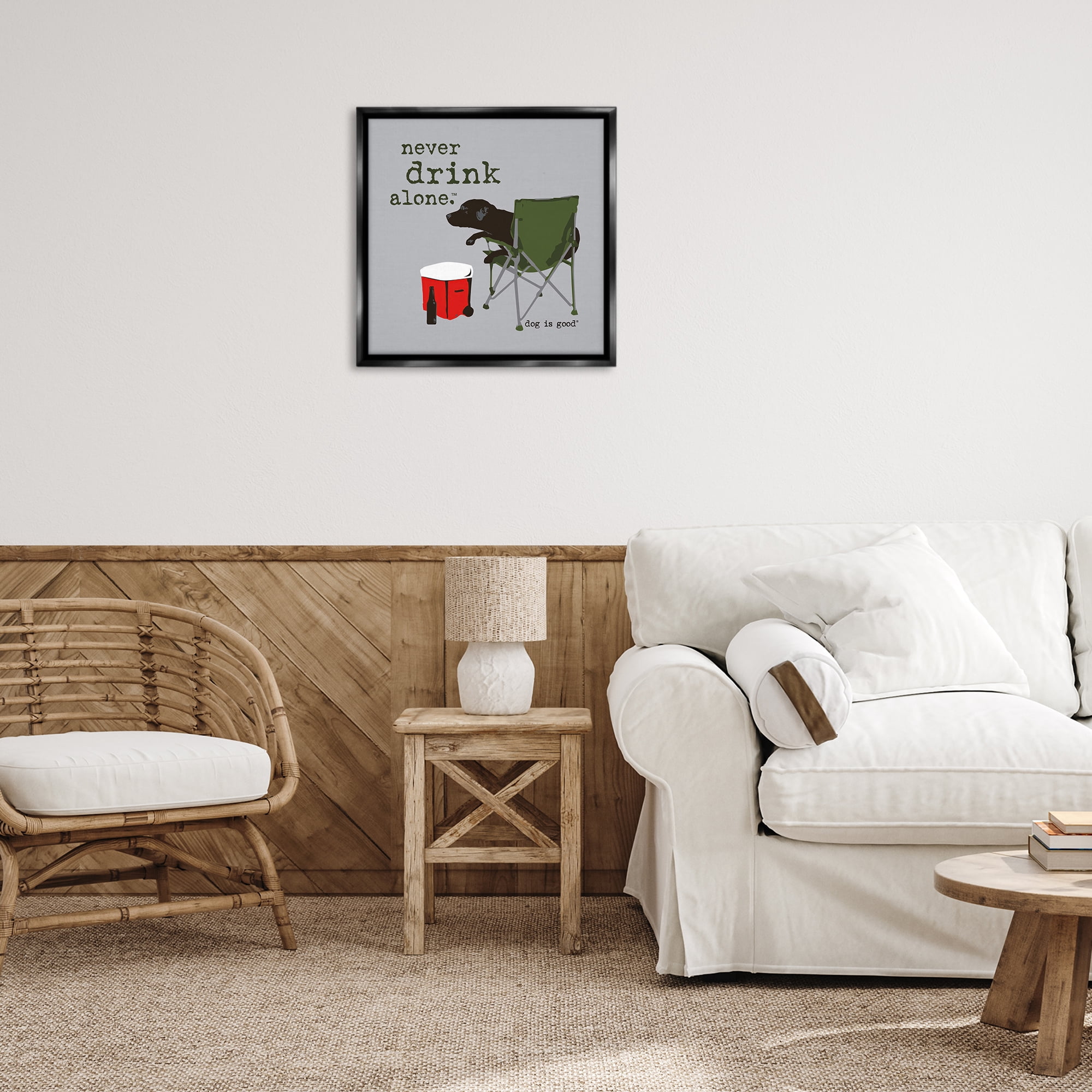 Stupell Industries Never Drink Alone Dog Animals Painting Black Floater Framed Canvas Art Print Wall Art, 25 x 25