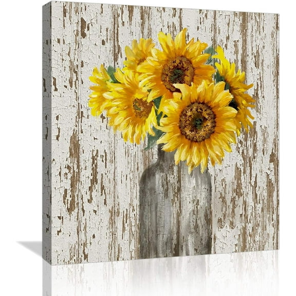 Canvas Wall Art for Bedroom Sunflower Decor Kitchen Bathroom Farmhouse Rustic Office Framed Artwork Modern Flower Painting Pictures Home Decoration Size 14x14, Yellow and Brown