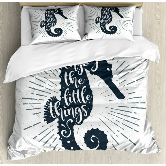 Enjoy the Little Things Queen Size Duvet Cover Set, Seahorse with Uplifting Quote Starburst Inspired Lines, Decorative 3 Piece Bedding Set with 2 Pillow Shams, Slate Blue and White, by Ambesonne