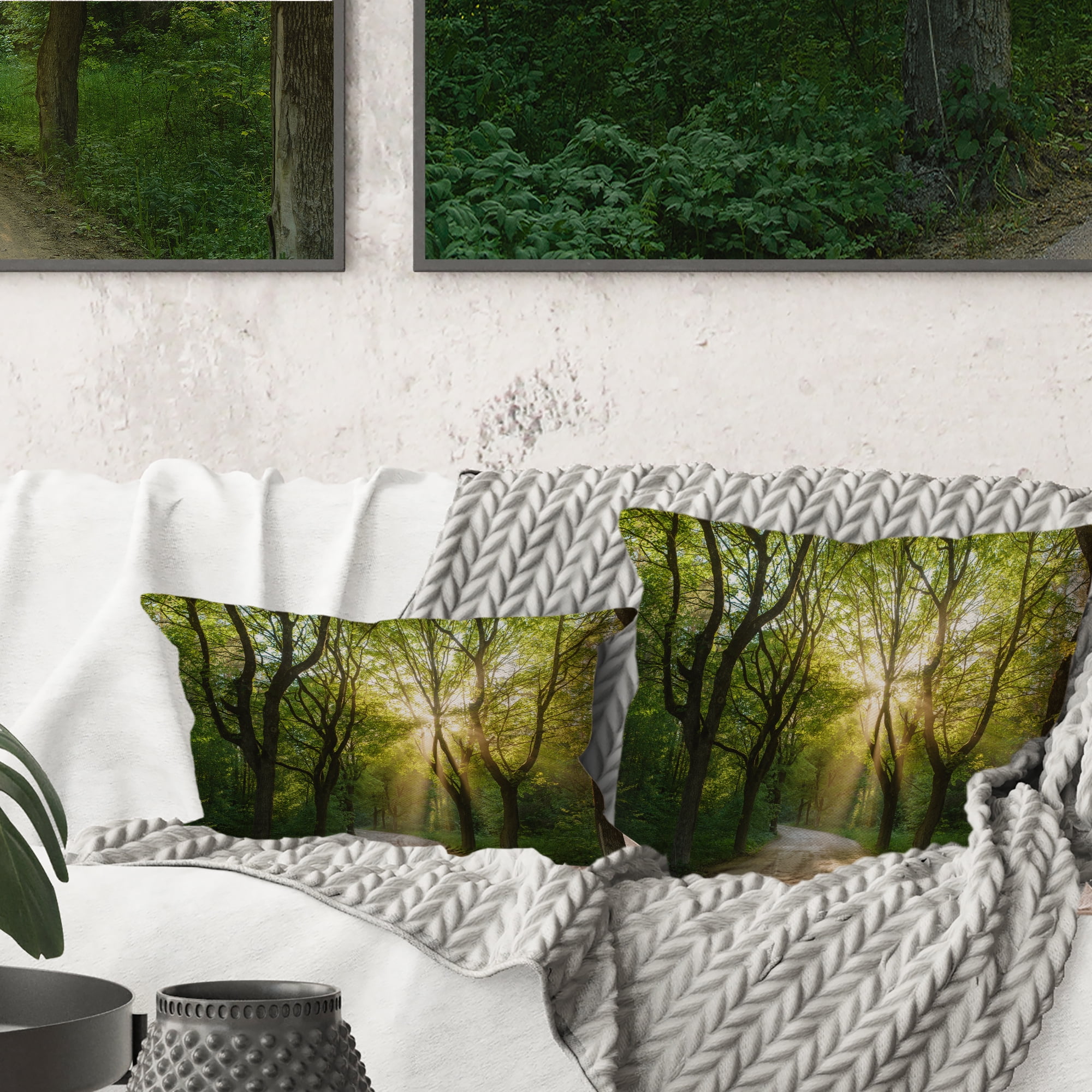 Designart Evening in Green Forest - Landscape Printed Throw Pillow - 16x16