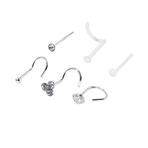 Claire's Nose Rings – Durable Hypoallergenic Sterling Silver Nose Studs for Women – Premium 6-Piece Jewelry for Nose Piercings with Sparkling Gemstones – Black, Gold, and Silver