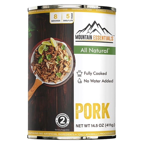 Mountain Essentials All Natural Canned Pork, 14.5 oz – Fully Cooked Ready to Eat Pork, Gluten Free, Zero Carbs, 2 Ingredients (Pork & Sea Salt), 5-Year Shelf Life, Emergency & Pantry Food