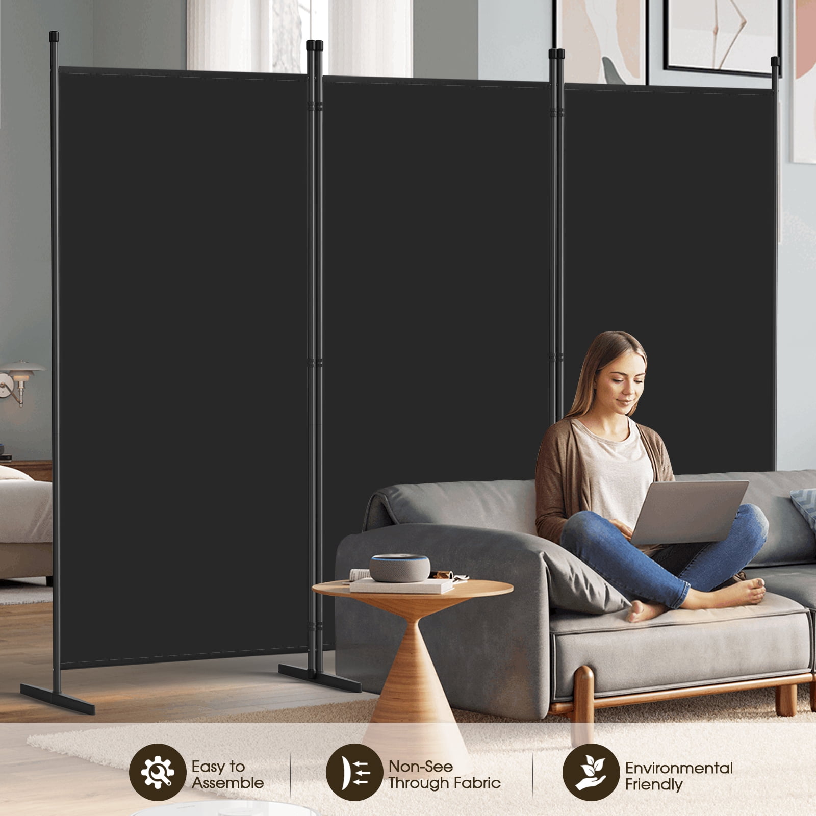 70''W x 102''H Modern Room Divider, Folding Privacy Screen with 3 Panels and Metal Standing, Portable Wall Partition for Home Office Separator, Black