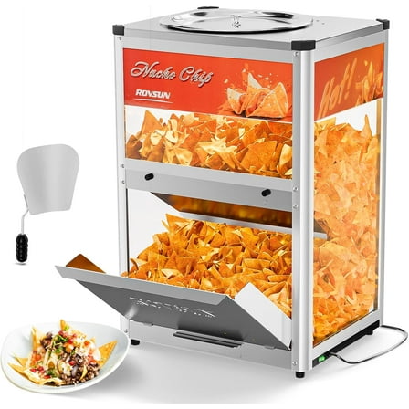 ROVSUN Nacho Chip Warmer, Nacho Machine Food Warmer Display Case Countertop with Warming Light Glass Door Scoop Removable Deflection for Chips Peanuts Popcorn Stainless Steel