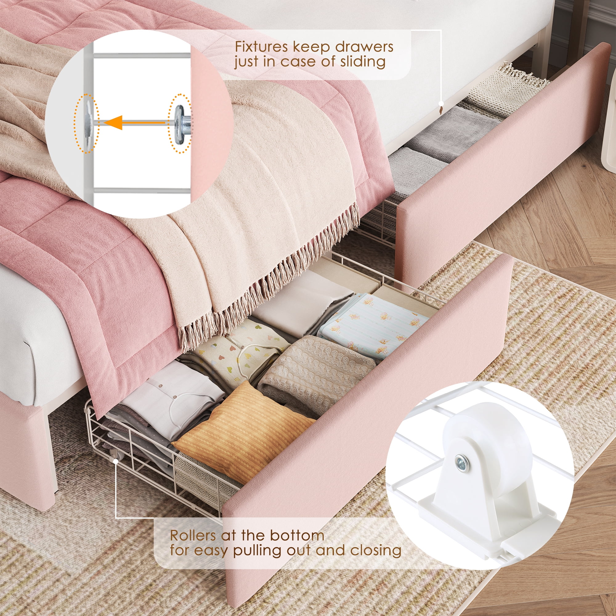 Homfa Full Size Velvet Upholstered Bed with LED Lights & 2 Drawers, Storage Headboard Platform Bed Frame with USB Ports & Outlets, Pink