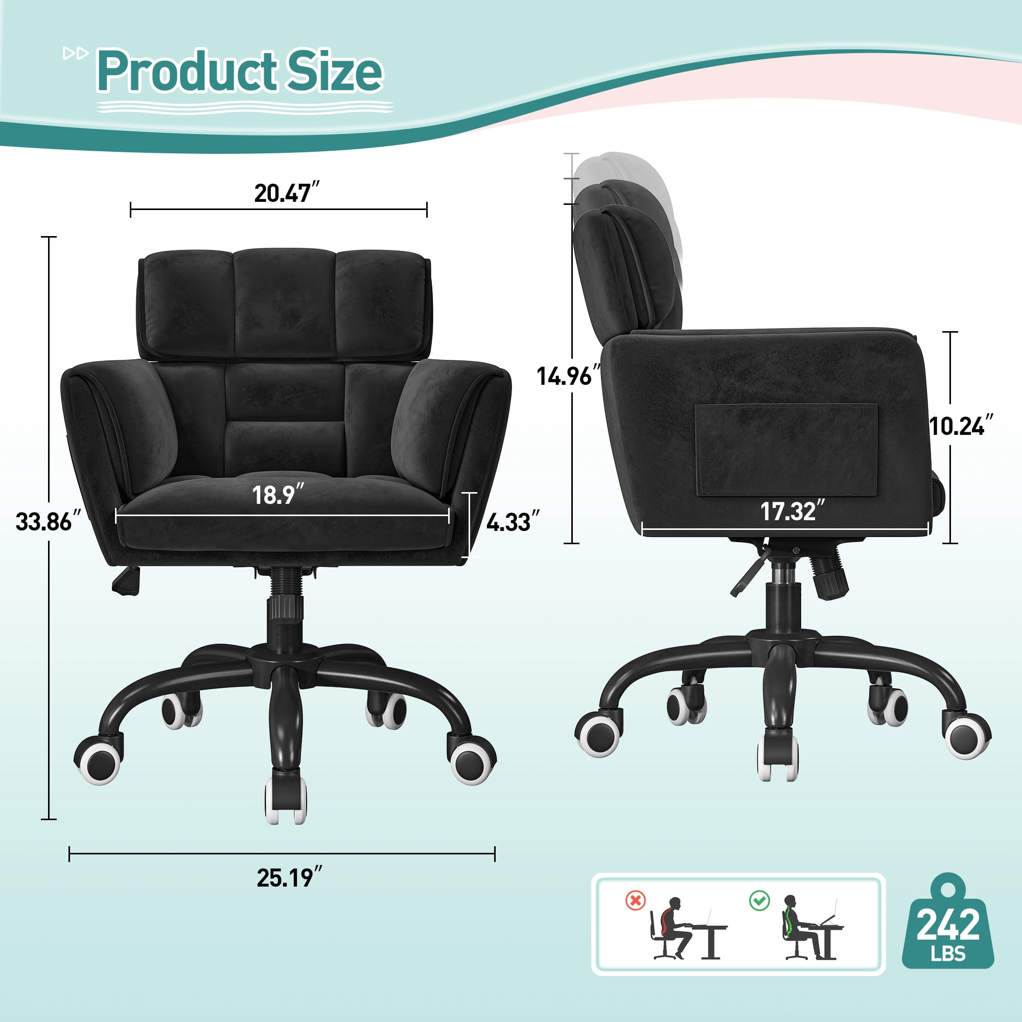 Romorgniz Adjustable Office Chair with Wheels, Soft-Touch Upholstered Desk Chair with Side Pockets, Ergonomic Vanity Chair for Bedroom, Home Office, Black