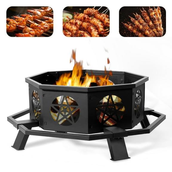 Ktaxon 43 in Octagonal Fire Pit with Foot Pedals & Star Cutouts, Wood Burning, Portable, Black