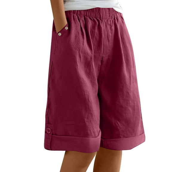 Lenpel Bermuda Shorts for Women Elastic High Waisted Knee Length Wide Leg Shorts Baggy Summer Casual Shorts with Pockets
