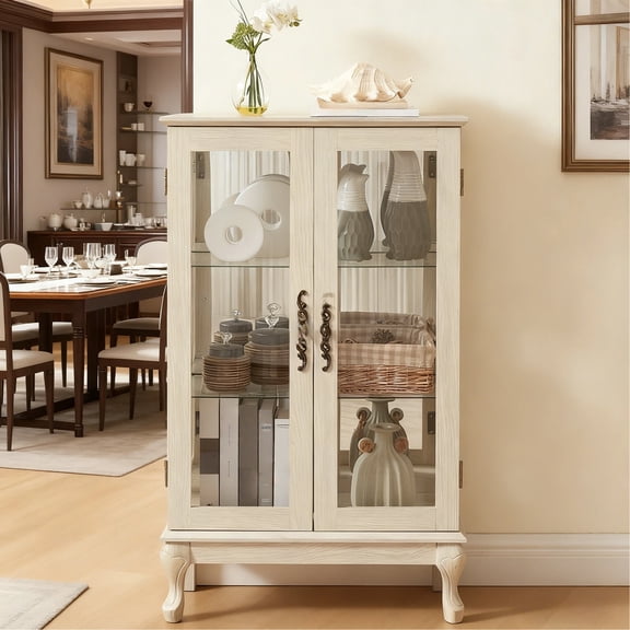 HIUU Lighted Display Case with 2 Doors,43"H Curio Cabinets with Glass Doors,Curio Cabinets with Mirrored Back Panel and Adjustable Shelves,White Wooden Display Case for Living Room