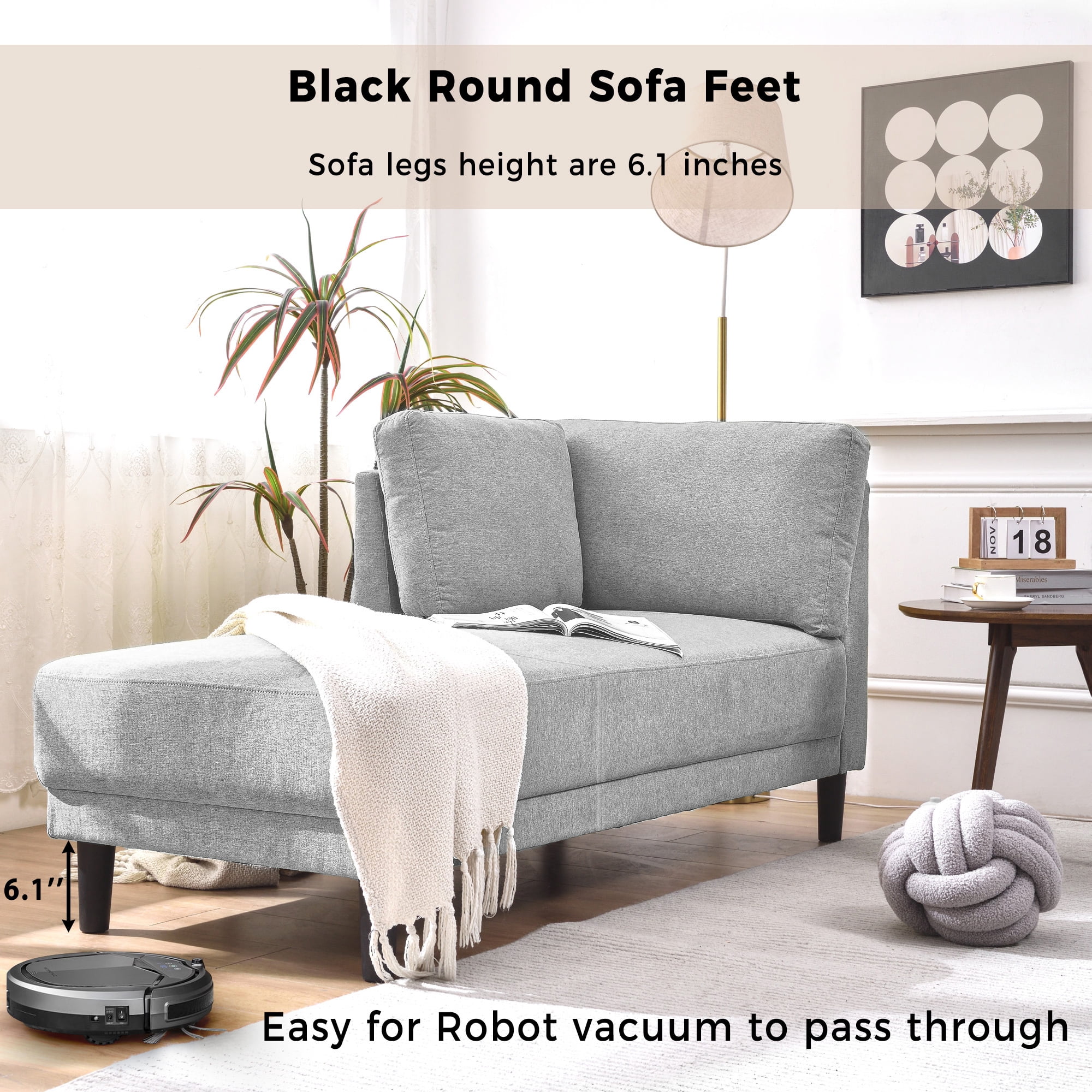 EUROCO 65" Mid-Century Modern Linen Fabric Corner Lounge Chair, Upholstered Indoor Chaise Lounge, Solid Wood Sleeper Sofa Bed for Bedroom, Office, Small Living Room & Apartment, Grey