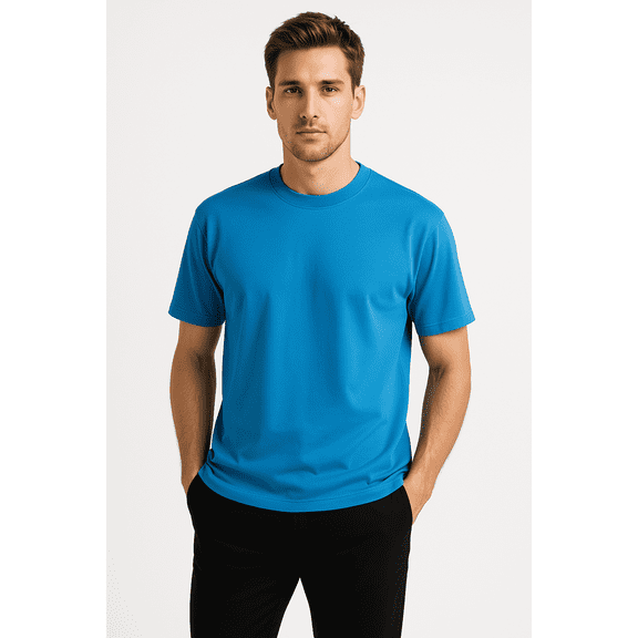 100% Cotton Oversize Fit Crew Neck Blue Men's T-Shirt - Alpha