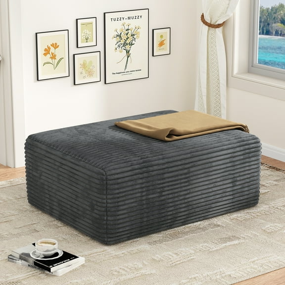 Large Oversized Ottoman Bench for Living Room, Extra Seating & Coffee Table for Sofa, Plush Corduroy Pouf Footrest, No Assembly Needed, Rectangle Floor Ottoman, (Charcoal)