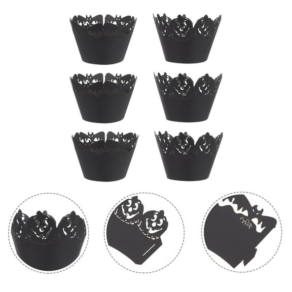Soimiss 50Pcs Black Paper Cake Wrapper Pumpkin Bat Pattern Cupcake Decoration