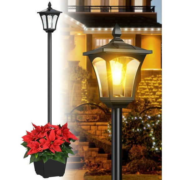 Solar Lamp Post Light with Planter, Outdoor Lamp Post with Clear Glass, Waterproof Solar Street Post Lights for Garden Driveway Backyard Porch