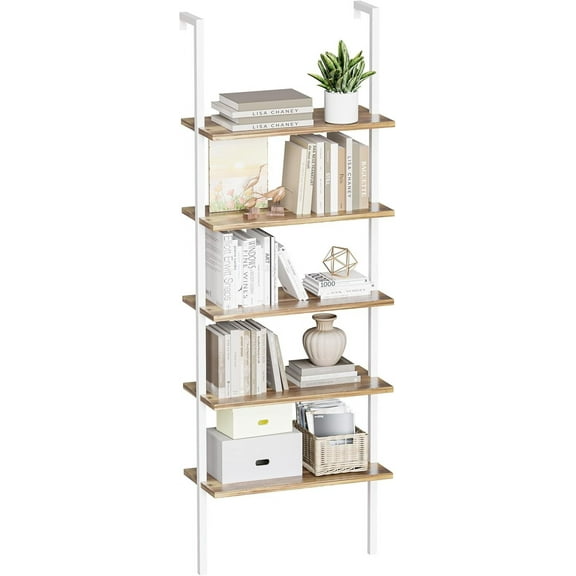 SLSRFD 5-Tier Bookshelf, Wall Mount Ladder Shelf with Wood Board and Industrial Metal Frame, for Home Office, Living Room, Bedroom, Entryway and Hallway (1, White/Oak)