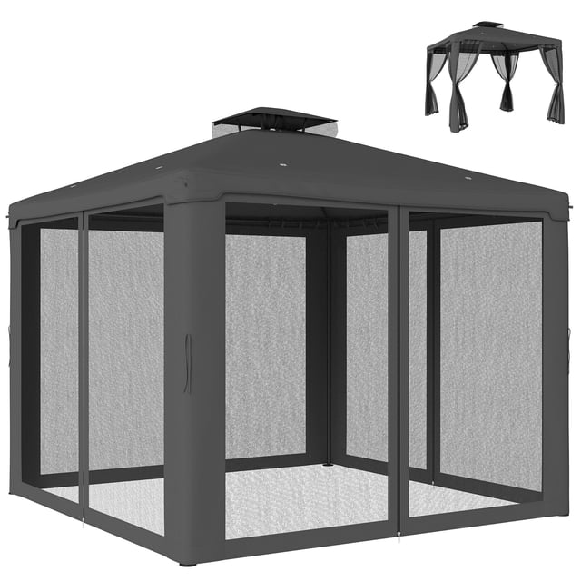 Gazebo de Patio Extérieur 9,6 Pi x 9,6 Pi, Pavillon à 2 Niveaux avec Cadre en Acier, Auvent avec Moustiquaire et Rideaux, Abri en Polyester Résistant aux Intempéries pour Jardin, Cour Arrière et Salle à Manger, Gris Foncé